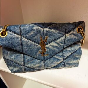 Yves Saint Laurent Denim Quilted Shoulder Bag with Gold Chain